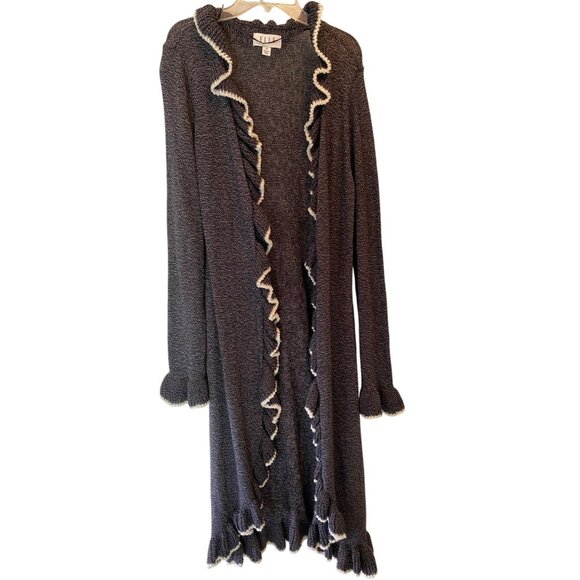 Elle Ruffled Open Front Cardigan Sweater Black & White Accent Medium - Picture 1 of 10